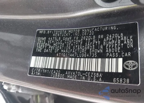 2020 Toyota Camry Se from USA, damaged, VIN 4T1G11AK7LU964735